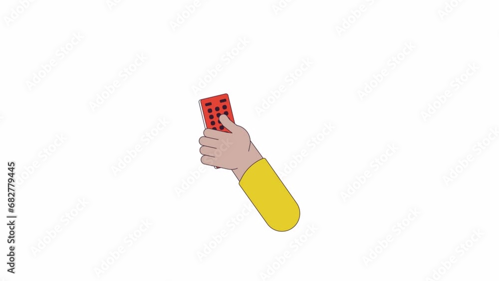 Poster holding tv remote control line 2d character hand animation. program switch on television flat color 