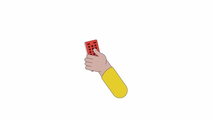 Holding tv remote control line 2D character hand animation. Program switch on television flat color cartoon 4K video, alpha channel. Changing channels animated person body part on white background