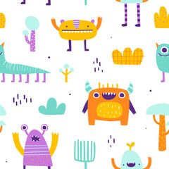 Cute pattern with funny monsters for baby. Abstract vector print with naive doodle creatures for kids textile.