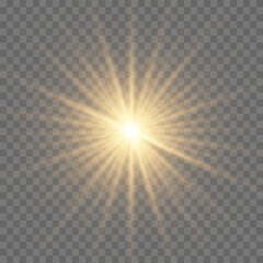 Yellow star. Vector transparent sunlight special lens flash light effect
