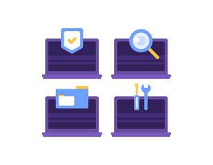 Computer security and protection, troubleshoot system errors, device scanning, file manager. laptop, computer system, notebook. Set of icons or symbols. minimalist flat concept design. graphic element