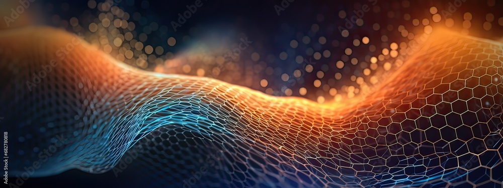 Poster abstract tech background with illuminated fiber optic connections, quantum computing network system 