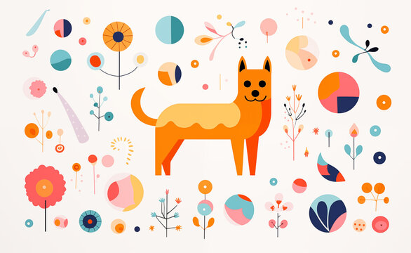 Animated dog minimalism: Creative images with geometric shapes. Vibrant drawing on a light background inspired by the style of animated gifs.