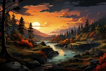 Sunset Serenity: River Flowing Through Forest