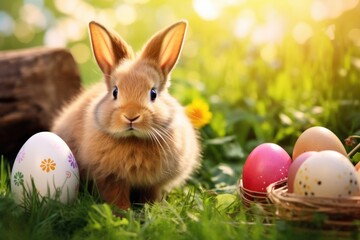 Easter bunny and colorful decorated eggs in grass in nature. Happy Easter.