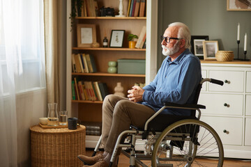 Elderly man sitting in wheelchair indoors, looking outside window - obrazy, fototapety, plakaty