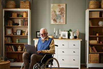Elderly man sitting in wheelchair using laptop