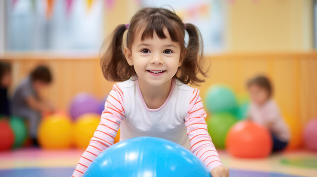 Modern preschool gymnastics class, pretty girl gymnast portrait. Sports and rhythmic gymnastics for children, sports section, copy space.