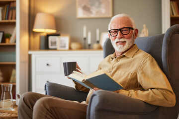 Elderly man sitting in armchair and reading a book at home - obrazy, fototapety, plakaty