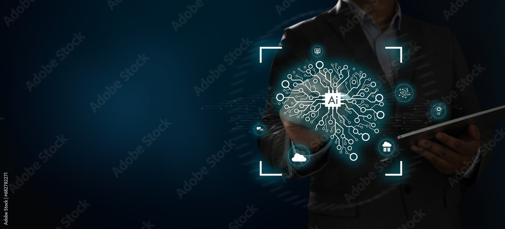 Poster ai, machine learning businessman intelligence artificial technology man using technology smart robot