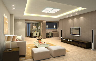 living room interior, 3d perspective view of modern house with furnished living room and dining room
