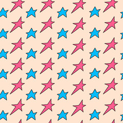 Seamless stars pattern in doodle style. Pink and blue shapes. Vector illustration.