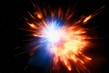 Fototapeta premium Explosion of blue and orange fire and light bursting everywhere on black backdrop
