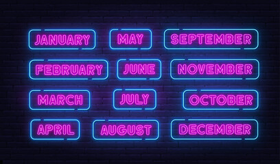 January February March April May June July August September  October November December neon sign on brick wall background.