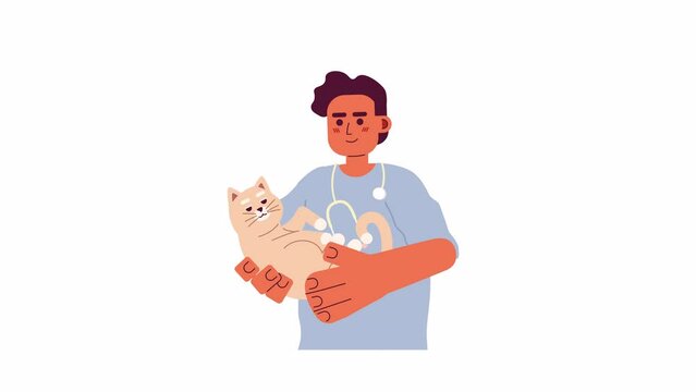 Veterinarian male middle eastern 2D character animation. Arab vet man holding cat in hands flat cartoon 4K video, transparent alpha channel. Specialist with pet animated person on white background
