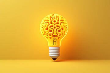 An abstract concept of a brain in a light bulb standing on display, isolated on a yellow background. New creative idea. Generative AI. - Powered by Adobe