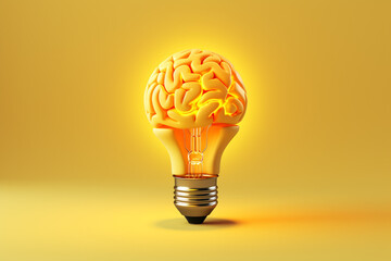 An abstract concept of a brain in a light bulb standing on display, isolated on a yellow background. New creative idea. Generative AI. - obrazy, fototapety, plakaty