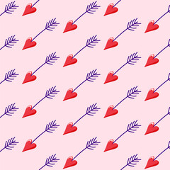 Fototapeta premium Cupids arrows seamless pattern in cartoon style. Cute arrows with hearts for Valentines Day. Vector illustration on a pink.