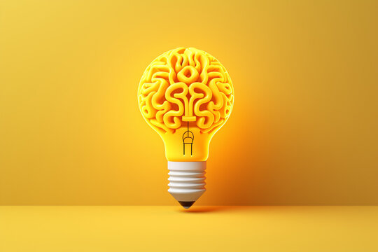 An abstract concept of a brain in a light bulb standing on display, isolated on a yellow background. New creative idea. Generative AI.