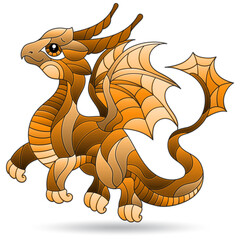 Stained glass illustration with cute cartoon dragon, animal isolated on a white background, tone brown