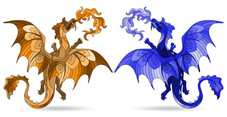 A set of stained glass illustrations with cute cartoon dragons, animals isolated on a white background, tone blue and brown
