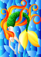 Illustration in stained glass style with mermaid with long red hair on water and air bubbles background
