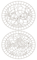 A set of contour illustrations of stained glass windows with aquarium fish barbuses and catfish, dark contours on a white background