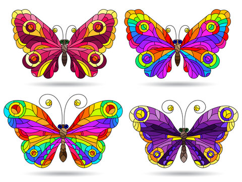 A set of illustrations in a stained glass style with bright butterflies, insects isolated on a white background
