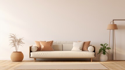 Fototapeta na wymiar Morning-Lit Minimalist Living Room with Neutral-Toned Sofa