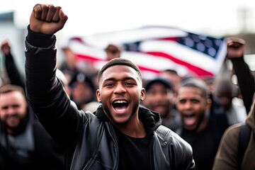 A determined African American man in front of USA flag among the crowd, proud and confident, fighting and protesting with a raised fist against racism, for justice and equality, Black Lives Matter - obrazy, fototapety, plakaty
