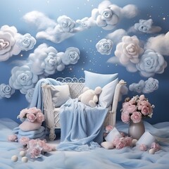 Fototapeta na wymiar Beautiful flowers in the clouds with doll baby blankets bed