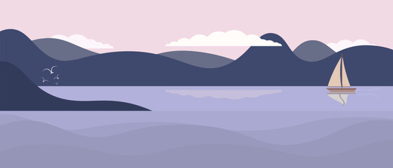 Panorama of the seashore, bay. Sailing on yacht, sailboat in the bay. Misty hills on the horizon. Flat minimalistic illustration in blue-purple colors. Calm water. Travel to the sea, to the ocean.