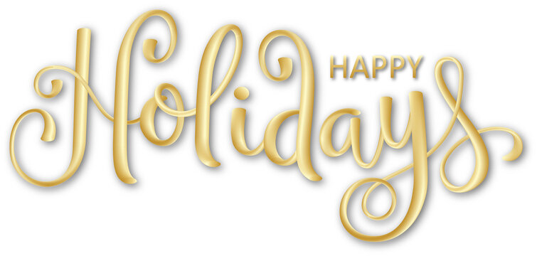 HAPPY HOLIDAYS gold metallic brush calligraphy banner with drop shadow on transparent background
