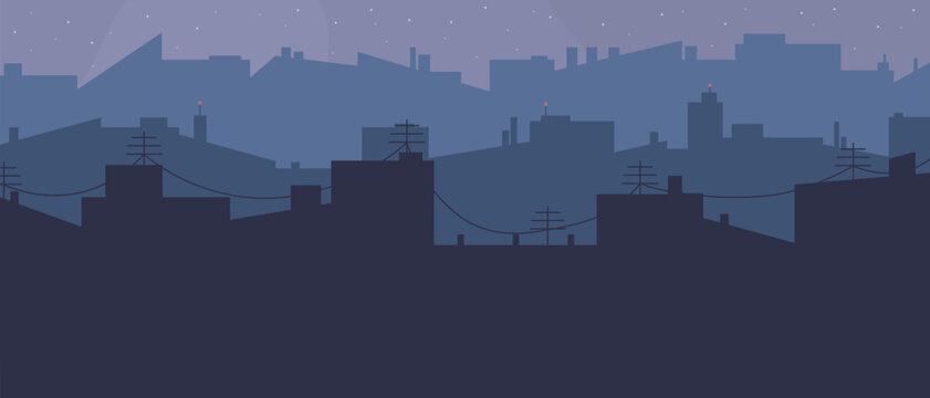 Panorama of large night city with roofs of houses, wires, signal lights and stars. Horizontal urban background in minimalist style. Blue-purple color scheme.