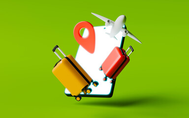 Modern travel concept illustration. Suitcases, map pin and a plane jumping out of smartphone. 3d rendering.