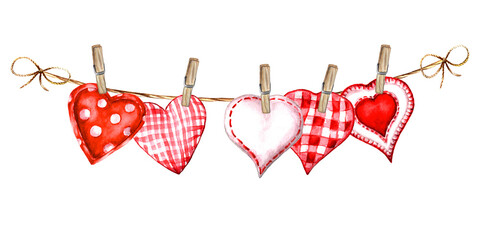 Vintage watercolor illustration of hearts on a clothesline