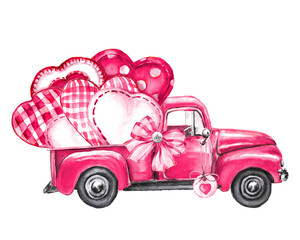 Watercolor illustration of a cute valentine. Pink truck with heart shaped valentines