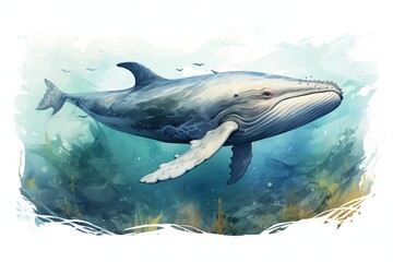 illustration of a whale swimming in the ocean with fishes and algae