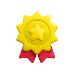 Vector cartoon 3d medal with star and red ribbons realistic icon. Trendy gold round starburst shape award, abstract winner badge sign. 3d render metallic quality warranty certificate badge isolated