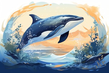 Obraz premium illustration of a whale swimming in the ocean with fishes and algae