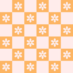 Retro checkerboard groovy seamless pattern with daisy flowers on a pink and orange checkered background. Cute colorful trendy vector illustration in style 70s, 80s for surface design