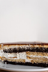 Caramel cheesecake slice on a plate, tempting layers of creamy delight, drizzled with golden caramel sauce. Indulge in this sweet sensation!