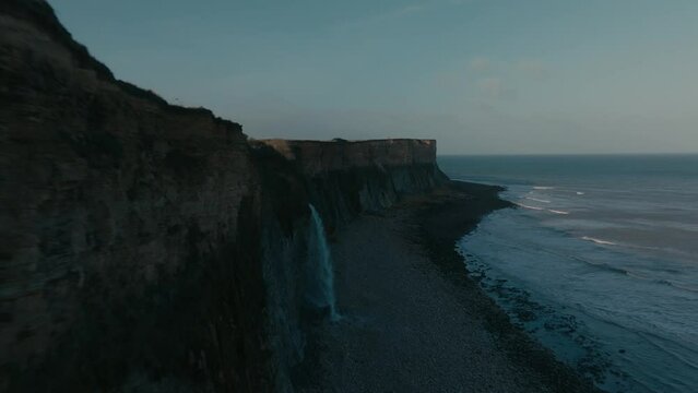Sunrise drone shot of Cap Manvieux in Normandy