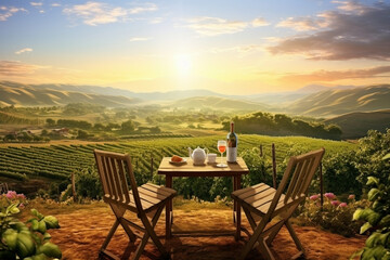 Vineyard field landscape at sunrise and wooden table with two chairs