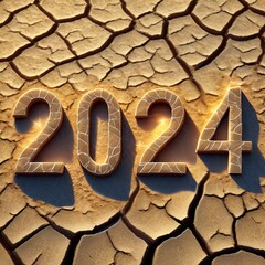 Napis 2024 na suchej, spękanej ziemi. Motyw pogłębiającej się globalnej suszy, ochrony środowiska i zasobów wodnych w nadchodzącym roku - obrazy, fototapety, plakaty