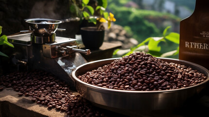 Premium brown roast raw coffee beans filled in bowls, processing in a grinding mill and brew  powder making traditional process