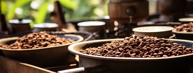 Premium brown roast raw coffee beans filled in bowls, processing in a grinding mill and brew  powder making traditional process