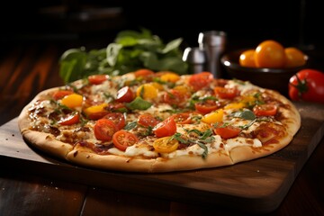 Pizza with mozzarella, tomatoes and mushrooms on a wooden board