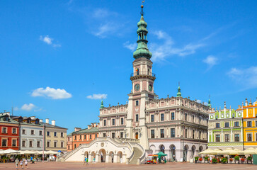 A beautiful, renaissance town hall on the Great Market Square in Zamosc. The city of Zamość is on...