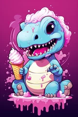 Fotobehang Cute dinosaure eating ice cream © somsong